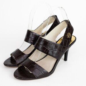 Michael Kors Rochelle Dark Brown Croc Embossed Heeled Sandals Size 6.5